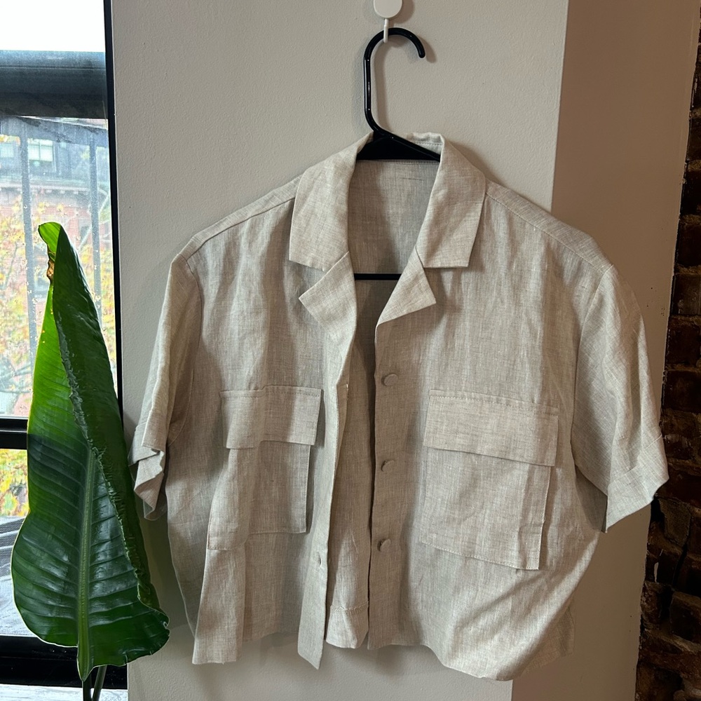 Women Beige Short Sleeve Linen Jacket